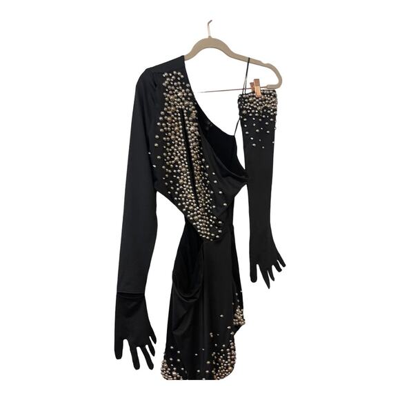 NBD Isla One Shoulder Mini Dress Cut Out Embellished Detachable Sleeve Black S - Picture 4 of 16